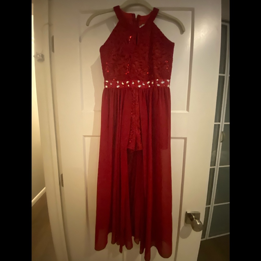 Iefiel size 10 jumpsuit, fabric skirt, red, with rinstones